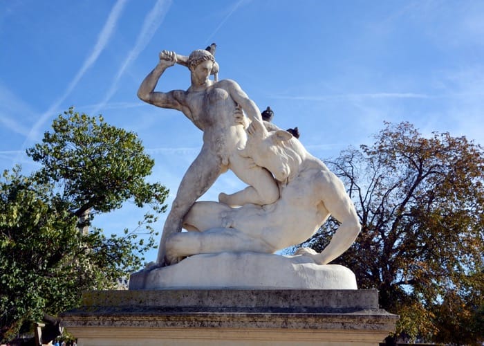 Theseas and minotaur statue by Etienne Jules Ramey meunierd shutterstock 2