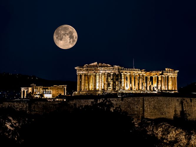 acropolis at nightime